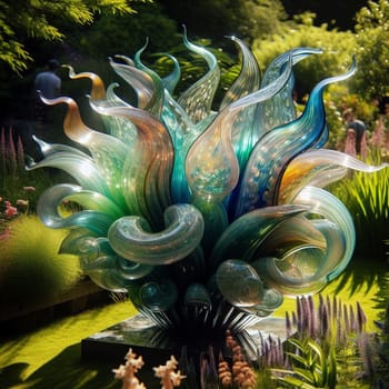 A large glass sculpture resembling a fiery plant, displayed outdoors in a garden setting. High quality AI-generated photo.