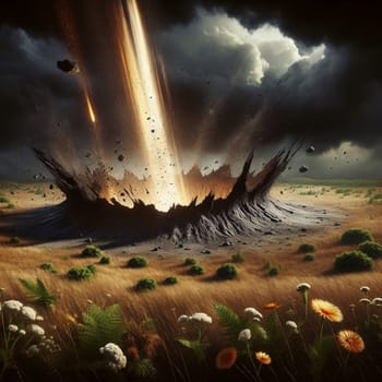 A dramatic scene depicting a meteor impact on a field, with debris and fire erupting from the crater. High quality AI-generated photo.