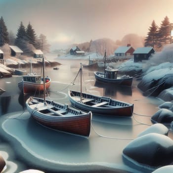 A serene winter scene of fishing boats in a snow-covered harbor, with houses visible in the background. High quality AI-generated photo.