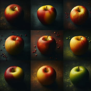 A collage of nine images, each featuring a different apple against a dark textured background, with various spices scattered around. High quality AI-generated photo.