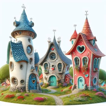 Three whimsical houses with unique architectural designs and vibrant colors, situated on a grassy area with flowers. High quality AI-generated photo.