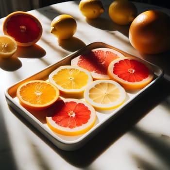 A tray of sliced citrus fruits grapefruit, lemon, and orange arranged on a white surface, with whole fruits visible in the background. Sunlight casts shadows. High quality AI-generated photo.