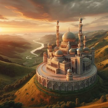 An aerial view of a large, ornate mosque situated on a hilltop overlooking a lush green landscape at sunset. High quality AI-generated photo.