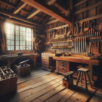The interior of a rustic woodworking shop, filled with various tools and woodworking materials. Sunlight streams in through a window. High quality AI-generated photo.