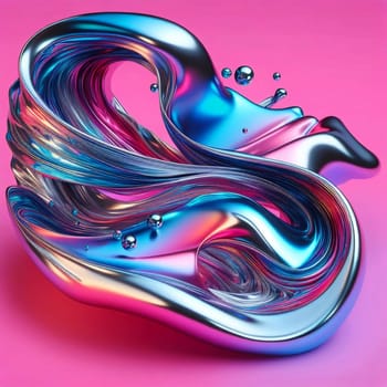 Abstract 3D rendering of a dynamic, flowing metallic form in iridescent blue, pink, and silver hues, with small spheres interspersed. High quality AI-generated photo.