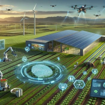 An illustration depicting a futuristic smart farm, showcasing technological advancements in agriculture, including drones, robots, solar panels, and data analysis. High quality AI-generated photo.