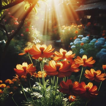A close-up of orange cosmos flowers in a garden setting, bathed in sunlight that creates a dramatic light effect. High quality AI-generated photo.