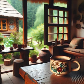 A cozy interior scene with a decorated coffee mug on a wooden table, overlooking a rustic outdoor scene through a window. High quality AI-generated photo.