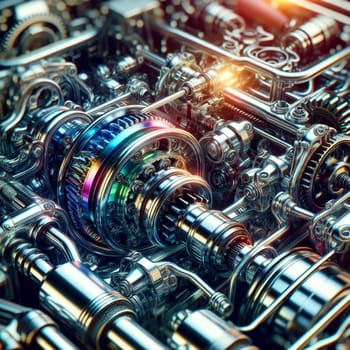 Close-up detailed image of a complex engine's internal mechanism, showcasing intricate gears, metallic parts, and a vibrant rainbow-colored accent. High quality AI-generated photo.