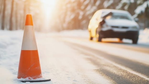 Orange traffic cone in foreground on snowy road with car accident, concept of safety on the winter roads, AI Generated