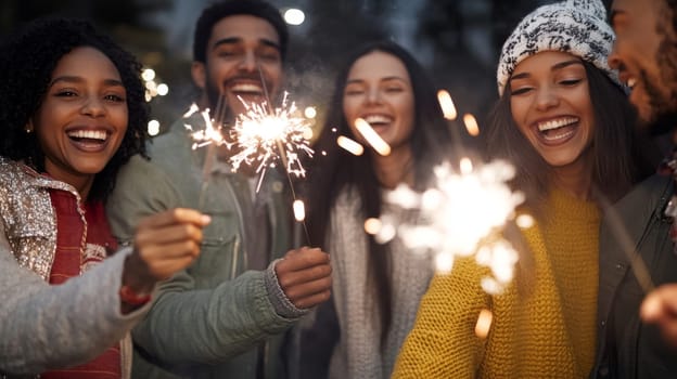 Group of multiracial adults celebrating New Year with sparklers outdoors, joyful winter scene, AI generated