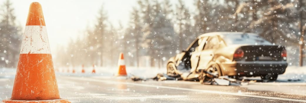 Orange traffic cone in foreground on snowy road with car accident, concept of safety on the winter roads, AI Generated