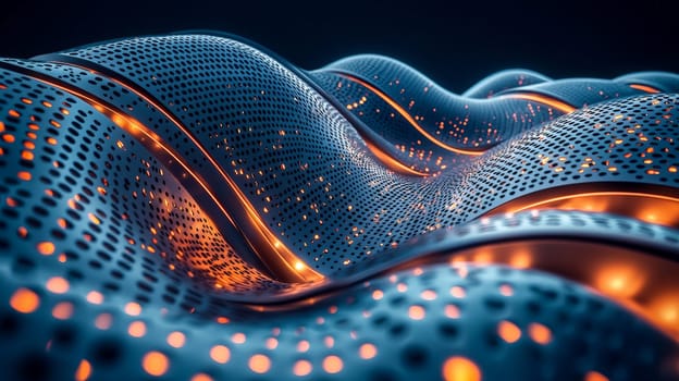 A low-angle view of a curved, futuristic structure with intricate perforated patterns illuminated by neon gradients of blue, teal, and orange. The sleek metallic surface contrasts beautifully against a minimalist dark background, emphasizing the geometric repetition and glowing details. This abstract architectural shot evokes a modern and fluid aesthetic, highlighted by cinematic lighting and smooth textures.