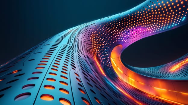 A low-angle view of a curved, futuristic structure with intricate perforated patterns illuminated by neon gradients of blue, teal, and orange. The sleek metallic surface contrasts beautifully against a minimalist dark background, emphasizing the geometric repetition and glowing details. This abstract architectural shot evokes a modern and fluid aesthetic, highlighted by cinematic lighting and smooth textures.