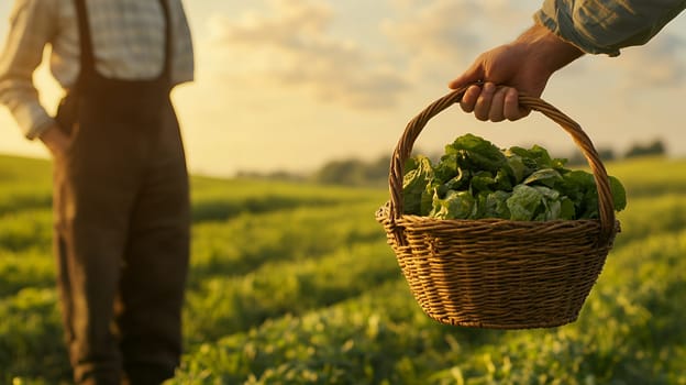 A hand holding a basket of fresh greens in a field at sunset, highlighting the abundance of nature.