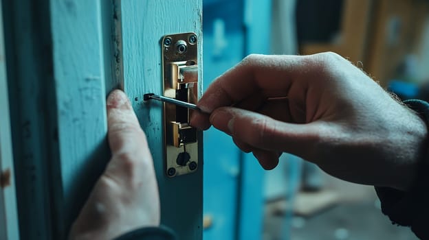A hand skillfully uses a tool to repair a door lock, emphasizing craftsmanship and precision.