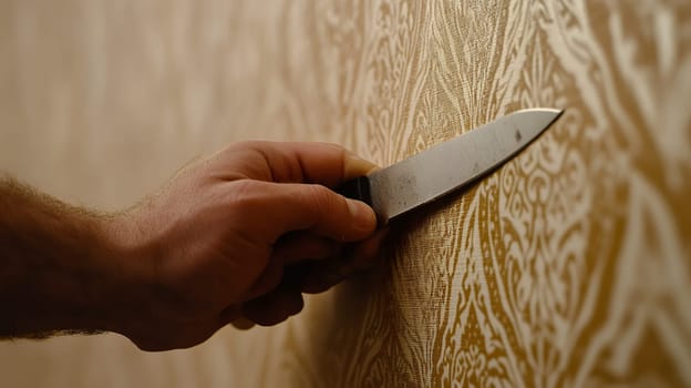A hand firmly grips a sharp knife against a patterned wall, suggesting themes of suspense or mystery.
