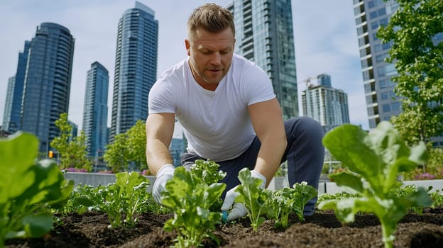 A man tending to an urban garden amidst high rise buildings, showcasing the fusion of nature and urban life.