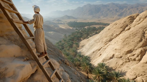 A man climbs a wooden ladder in a desert landscape, overlooking a lush valley, symbolizing exploration.
