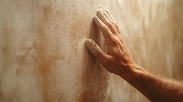 A hand gently touches a textured wall, feeling the rough surface and exploring the tactile sensation.