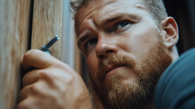 A focused man closely examines a wooden door with a tool, showcasing concentration and curiosity.