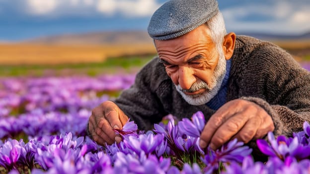 An elderly man carefully harvests saffron flowers in a vibrant field, highlighting tradition and dedication.