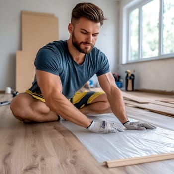 A focused man installing flooring with precision, surrounded by tools and materials in a bright room.