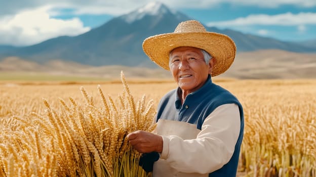 An elderly farmer in a straw hat stands proudly in his wheat field with a mountain backdrop.