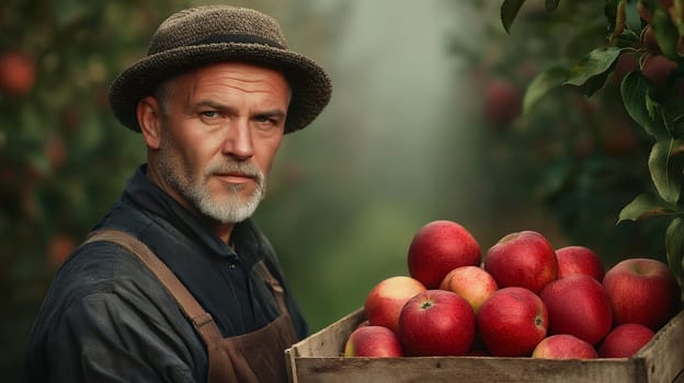 A mature farmer in a hat holds a crate of red apples in an orchard, surrounded by lush greenery.