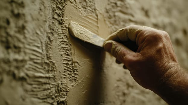 A hand applies plaster to a wall, smoothing the surface for a clean and even finish.