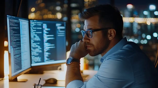 A focused programmer coding on dual screens in a dimly lit office, immersed in night work.