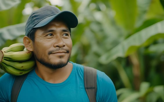 A banana farmer carrying a bunch of bananas over his shoulder with a backdrop of green leaves.