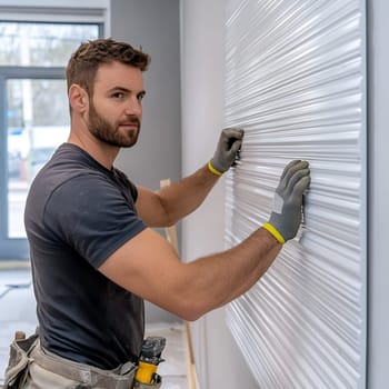 A focused man wearing gloves is installing white wall panels in a modern interior space.