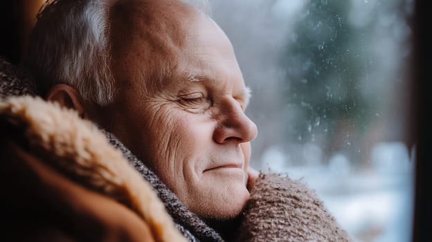 An elderly man peacefully resting by a window, wrapped in a cozy blanket, enjoying wintertime.