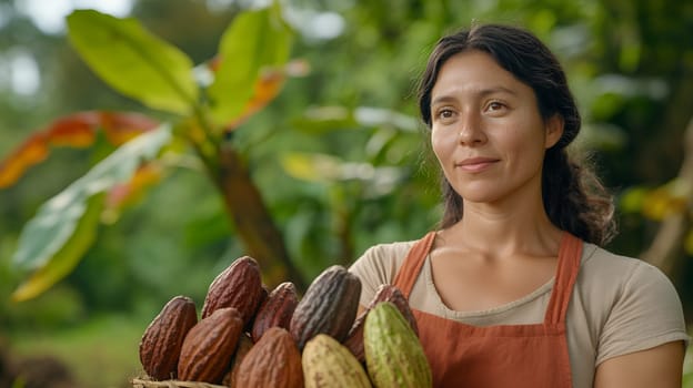 A cacao farmer holding harvested cacao pods, standing in a lush green plantation, wearing an apron.