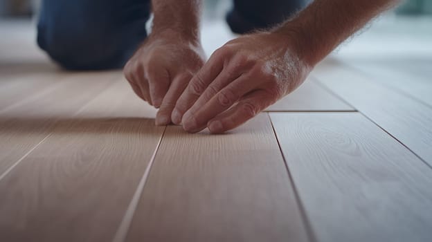 Close up of hands carefully installing wooden flooring in a home renovation project.