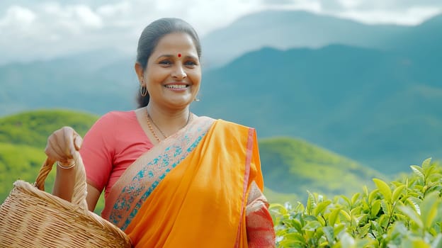 Joyful woman in colorful attire holding a basket in a lush tea plantation with mountains in background.