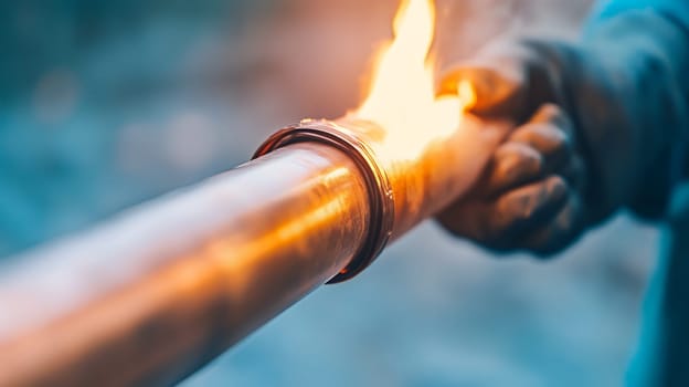 A gloved hand welds a metal pipe with a bright flame, highlighting the intense heat and precision.