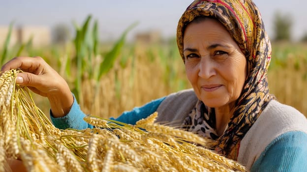 An elderly woman stands in a wheat field, representing wisdom and connection to the earth.