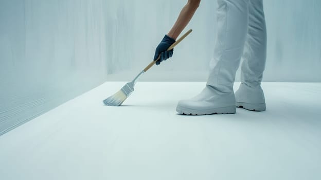 A person in white overalls and gloves paints a floor white, creating a clean and smooth surface.