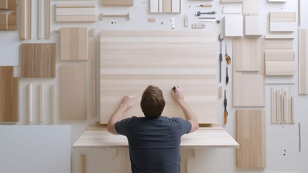 Top view of a carpenter arranging various wooden pieces and tools on a workbench.
