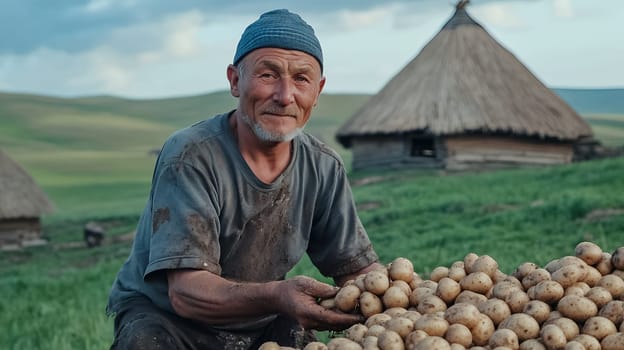 Elderly farmer proudly displaying freshly harvested potatoes in a lush green field.