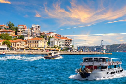 Ships are sailing near Bebek neighborhood on the bank of the Bosphorus Straight, Istanbul, Turkey.