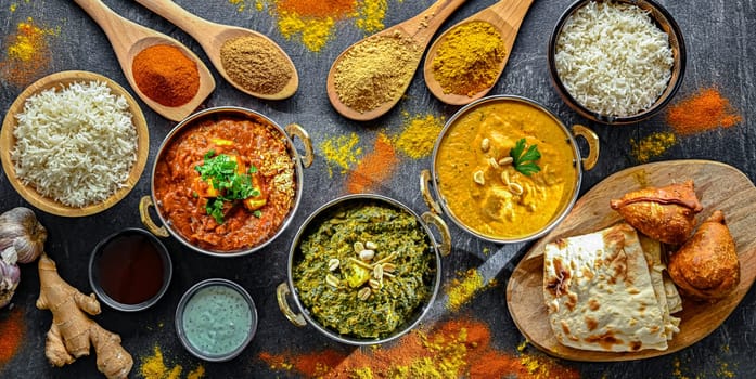 Composition with Indian dishes: madras paneer, palak paneer and shahi paneer with basmati rice served in original indian karahi pots