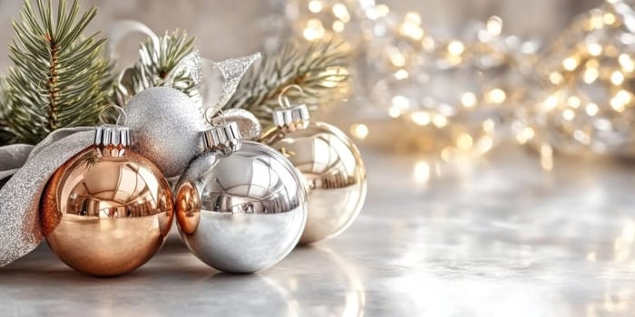 Christmas ornaments and pine branches on marble background, sparkling holiday postcard, AI generated