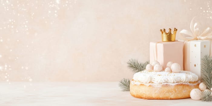 Festive scene with Three kings holiday festive cake topped with golden paper crown on table, pastel background, AI generated