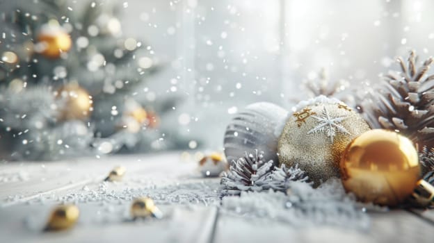 Christmas postcard with ornaments, Christmas tree in snow against blurred background, AI Generated