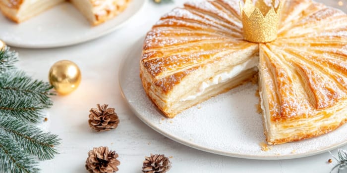 Three kings holiday festive cake topped with golden paper crown on a table, background, AI generated