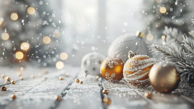 Christmas postcard with ornaments, Christmas tree in snow against blurred background, AI Generated