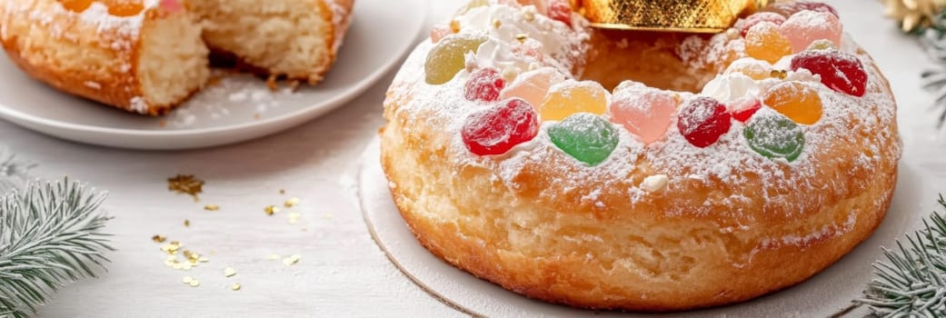 Three kings holiday festive fruitcake topped with colorful candied fruits on a table, background, AI generated